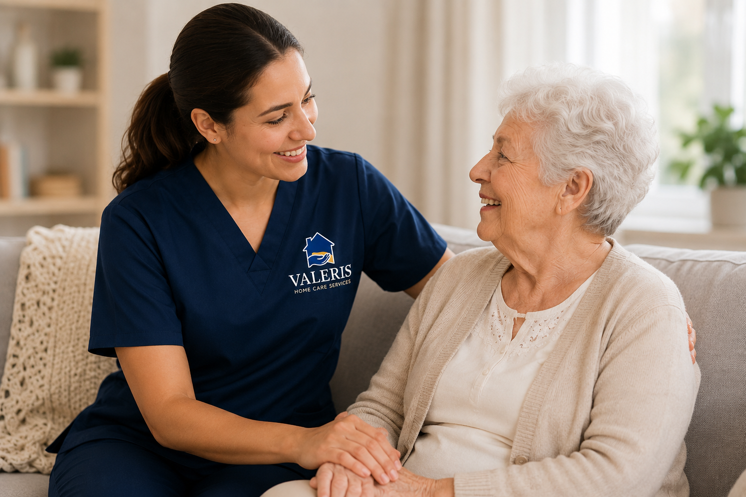 Valeris caregiver sitting close with a senior on the couch