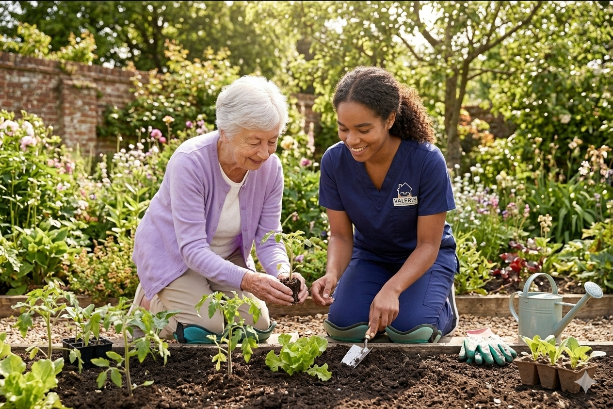 Valeris caregiver gardening with senior in North Vancouver