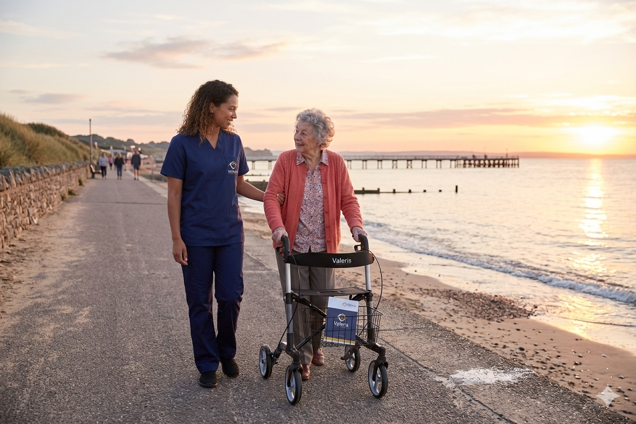 Valeris caregiver walking with senior using a rollator at sunset