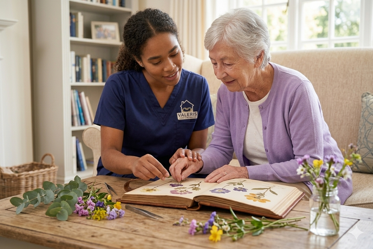 Caregiver doing a calming flower-pressing activity with a senior with dementia