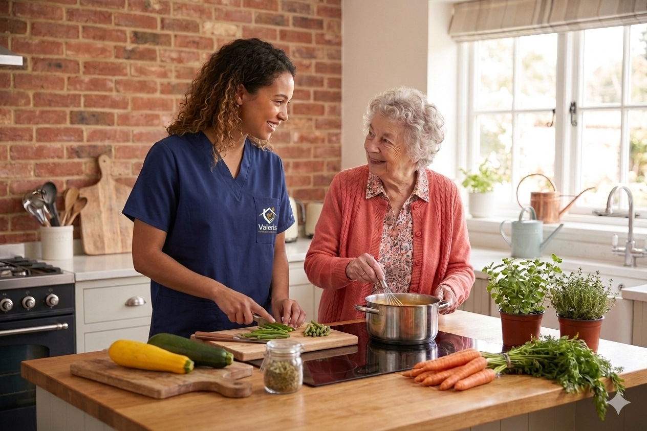 Valeris caregiver preparing a meal with a senior in the kitchen